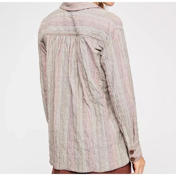 Free People High Tide Pastel Stripe Button Down Shirt Size Large - Picture 3 of 13